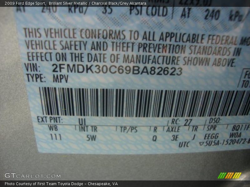 Brilliant Silver Metallic / Charcoal Black/Grey Alcantara 2009 Ford Edge Sport