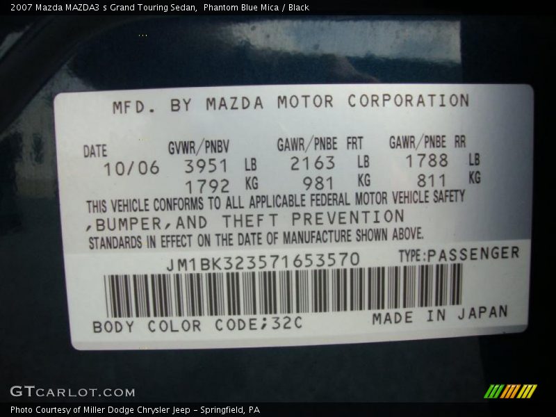 2007 MAZDA3 s Grand Touring Sedan Phantom Blue Mica Color Code 32C