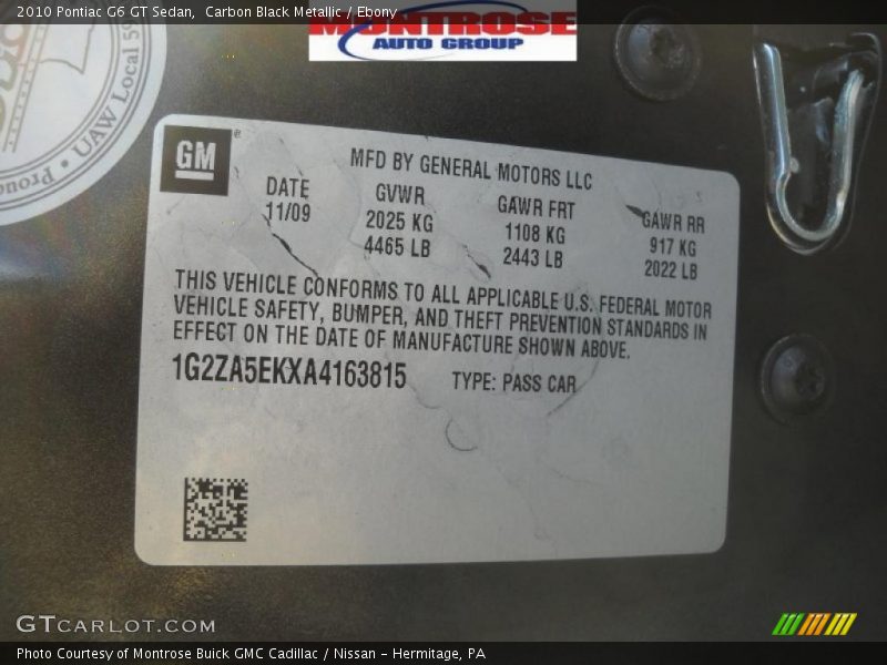 Carbon Black Metallic / Ebony 2010 Pontiac G6 GT Sedan