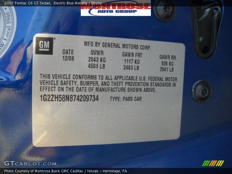 Electric Blue Metallic / Ebony 2007 Pontiac G6 GT Sedan