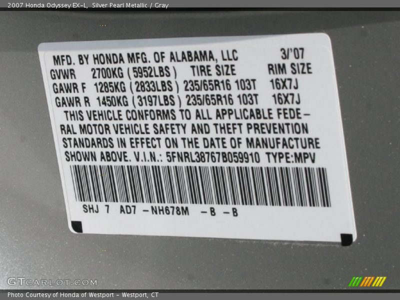 Silver Pearl Metallic / Gray 2007 Honda Odyssey EX-L