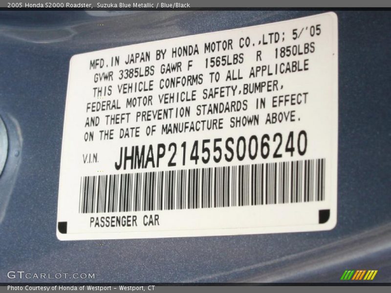Suzuka Blue Metallic / Blue/Black 2005 Honda S2000 Roadster