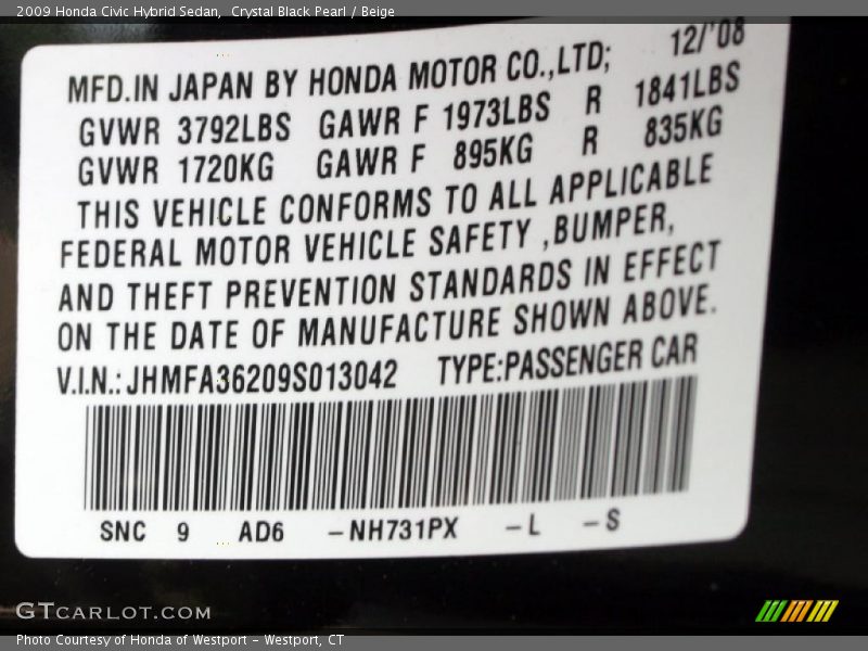 Crystal Black Pearl / Beige 2009 Honda Civic Hybrid Sedan