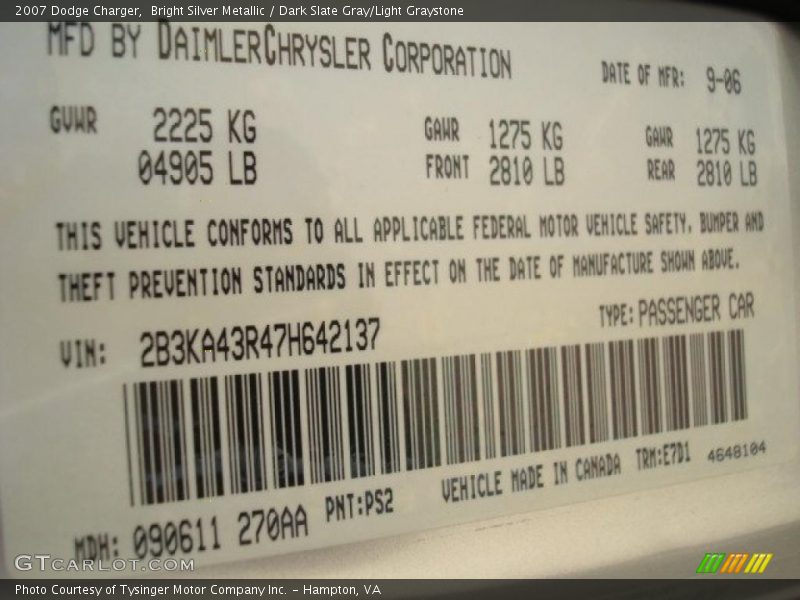 Bright Silver Metallic / Dark Slate Gray/Light Graystone 2007 Dodge Charger