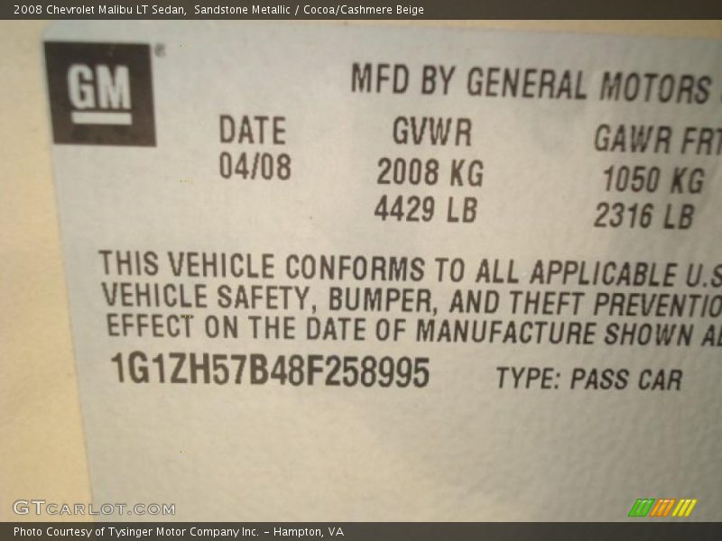 Sandstone Metallic / Cocoa/Cashmere Beige 2008 Chevrolet Malibu LT Sedan