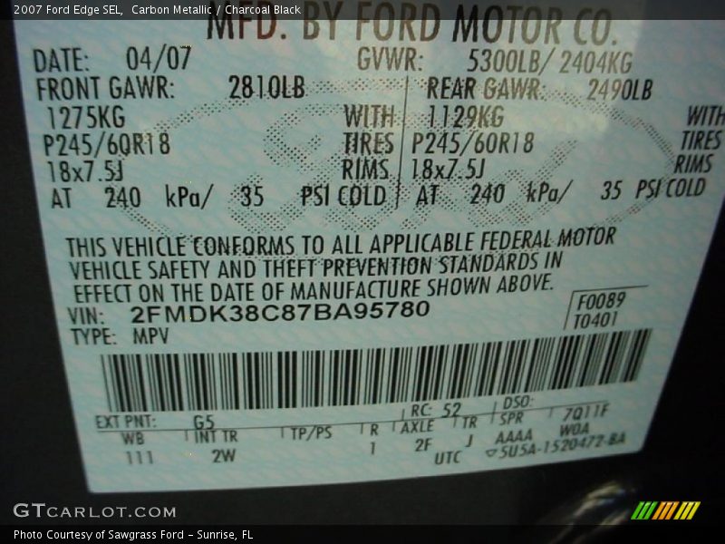 Carbon Metallic / Charcoal Black 2007 Ford Edge SEL