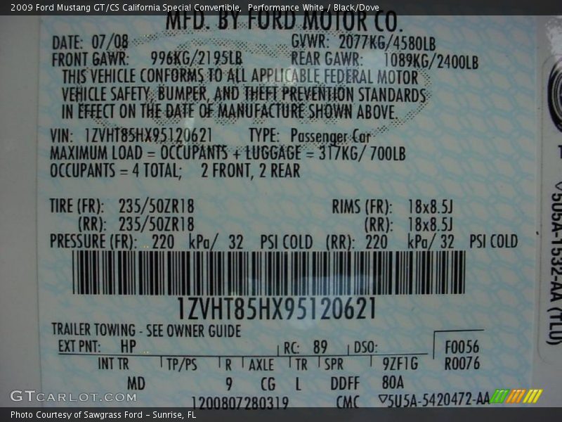 Performance White / Black/Dove 2009 Ford Mustang GT/CS California Special Convertible