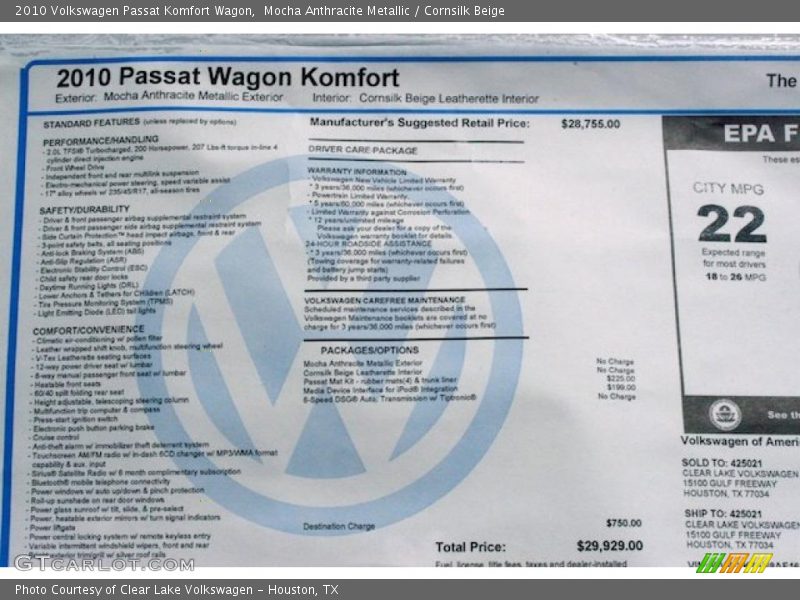 Mocha Anthracite Metallic / Cornsilk Beige 2010 Volkswagen Passat Komfort Wagon