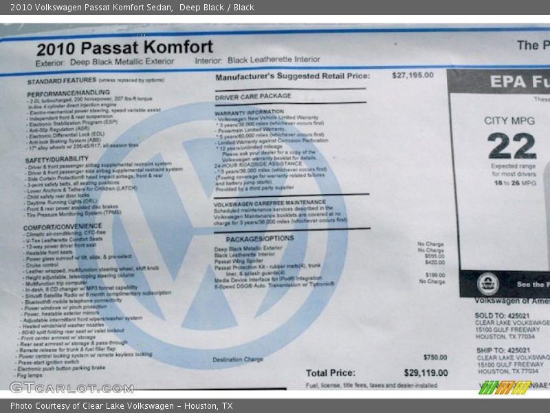 Deep Black / Black 2010 Volkswagen Passat Komfort Sedan