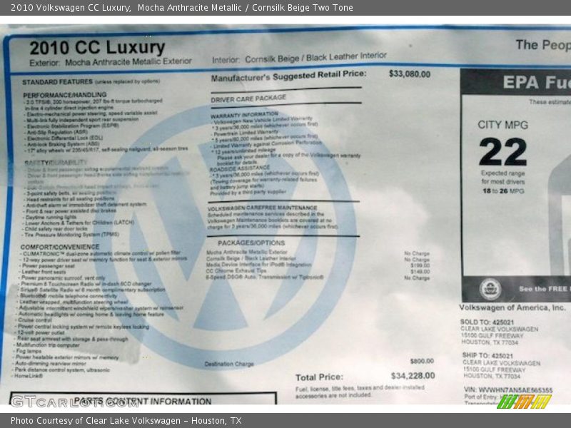 Mocha Anthracite Metallic / Cornsilk Beige Two Tone 2010 Volkswagen CC Luxury