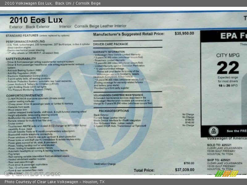 Black Uni / Cornsilk Beige 2010 Volkswagen Eos Lux
