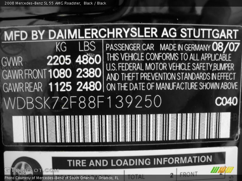 2008 SL 55 AMG Roadster Black Color Code 040