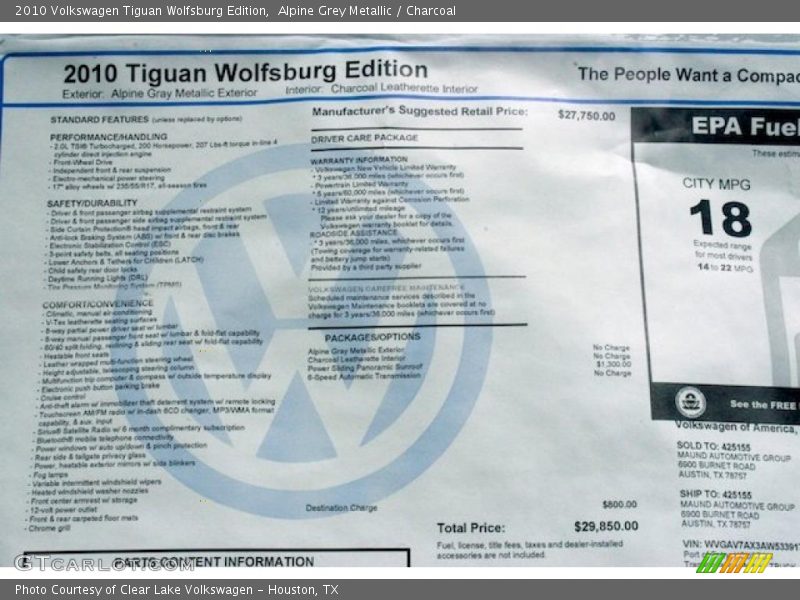 Alpine Grey Metallic / Charcoal 2010 Volkswagen Tiguan Wolfsburg Edition