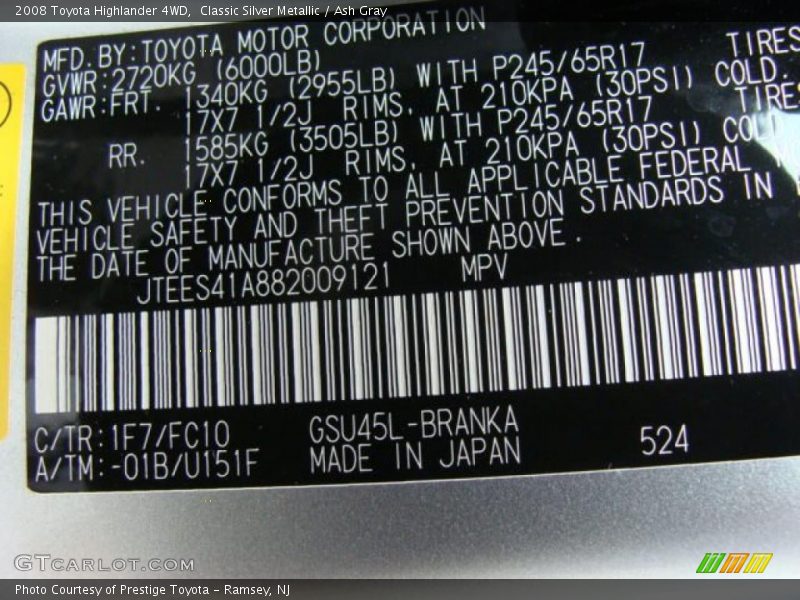 Classic Silver Metallic / Ash Gray 2008 Toyota Highlander 4WD