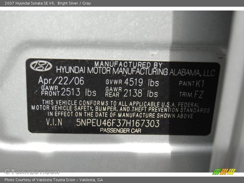 Bright Silver / Gray 2007 Hyundai Sonata SE V6