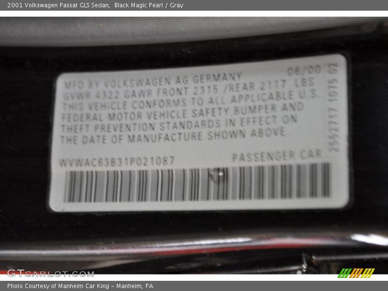Black Magic Pearl / Gray 2001 Volkswagen Passat GLS Sedan