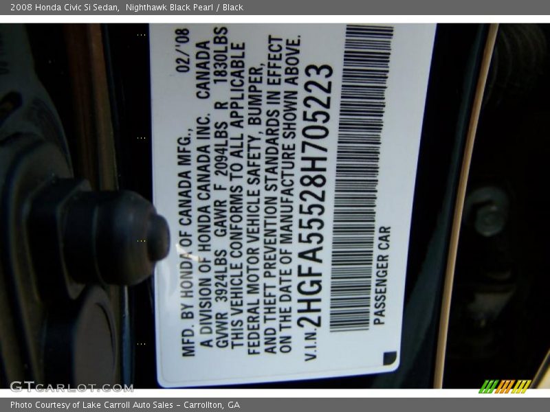 Nighthawk Black Pearl / Black 2008 Honda Civic Si Sedan