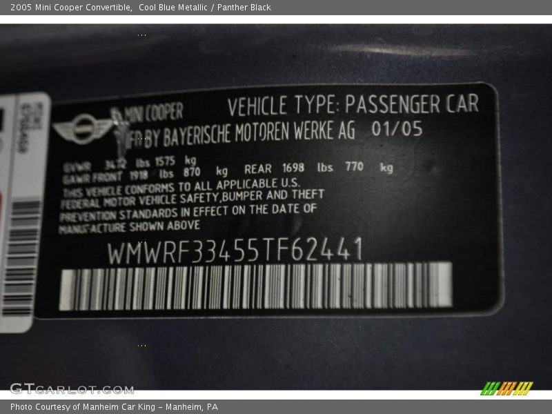 Cool Blue Metallic / Panther Black 2005 Mini Cooper Convertible
