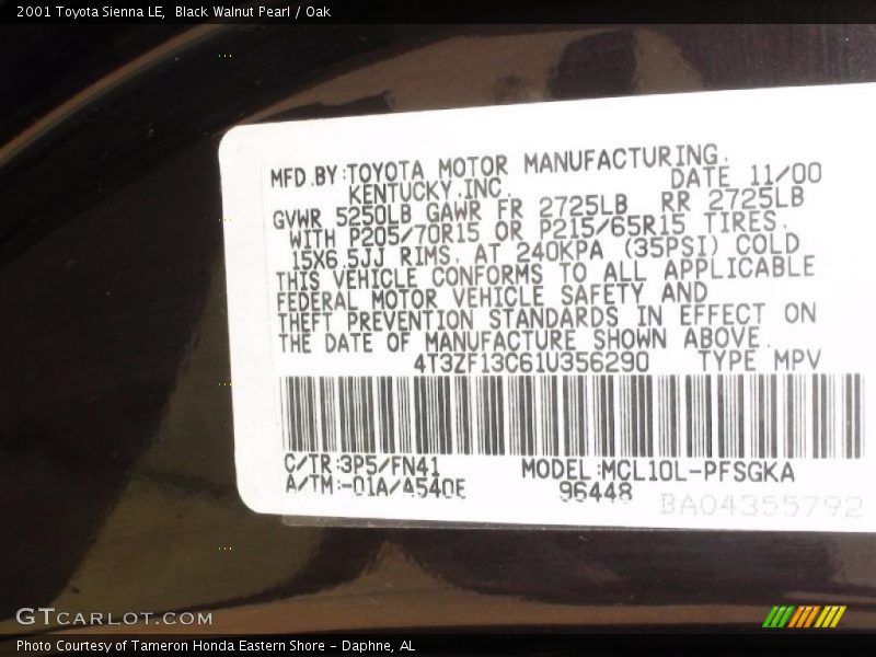 Black Walnut Pearl / Oak 2001 Toyota Sienna LE
