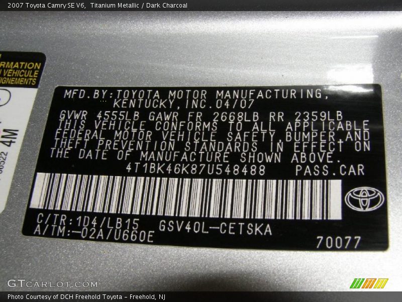 Titanium Metallic / Dark Charcoal 2007 Toyota Camry SE V6