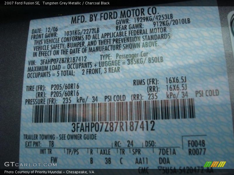 Tungsten Grey Metallic / Charcoal Black 2007 Ford Fusion SE