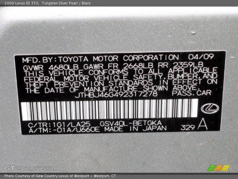 Tungsten Silver Pearl / Black 2009 Lexus ES 350
