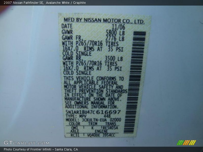 Avalanche White / Graphite 2007 Nissan Pathfinder SE