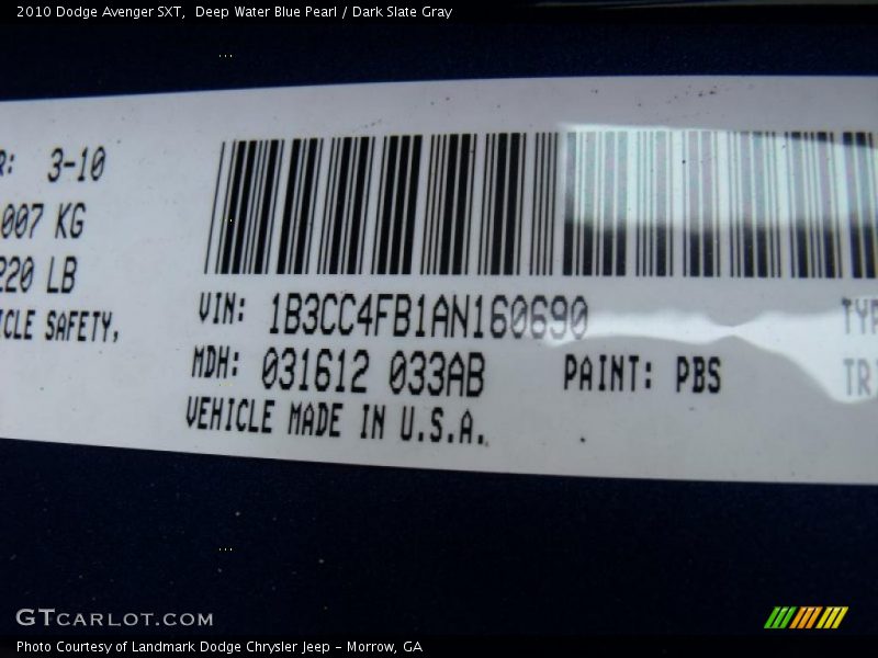 Deep Water Blue Pearl / Dark Slate Gray 2010 Dodge Avenger SXT