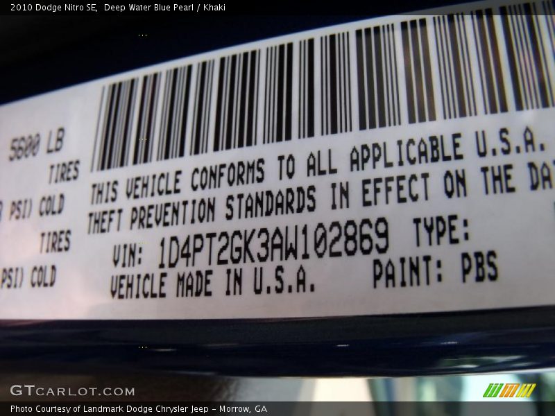 Deep Water Blue Pearl / Khaki 2010 Dodge Nitro SE