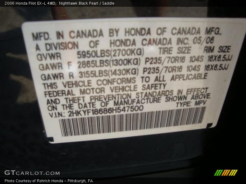 Nighthawk Black Pearl / Saddle 2006 Honda Pilot EX-L 4WD