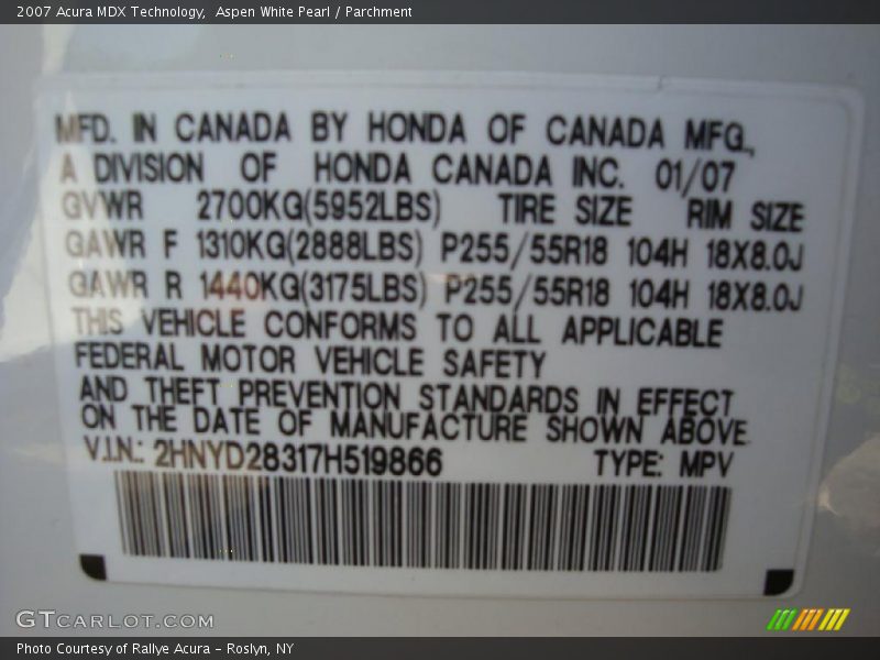 Aspen White Pearl / Parchment 2007 Acura MDX Technology