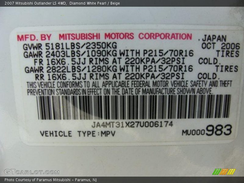 Diamond White Pearl / Beige 2007 Mitsubishi Outlander LS 4WD