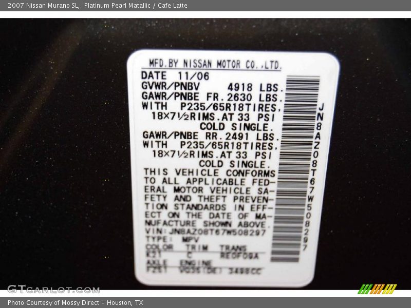 Platinum Pearl Matallic / Cafe Latte 2007 Nissan Murano SL