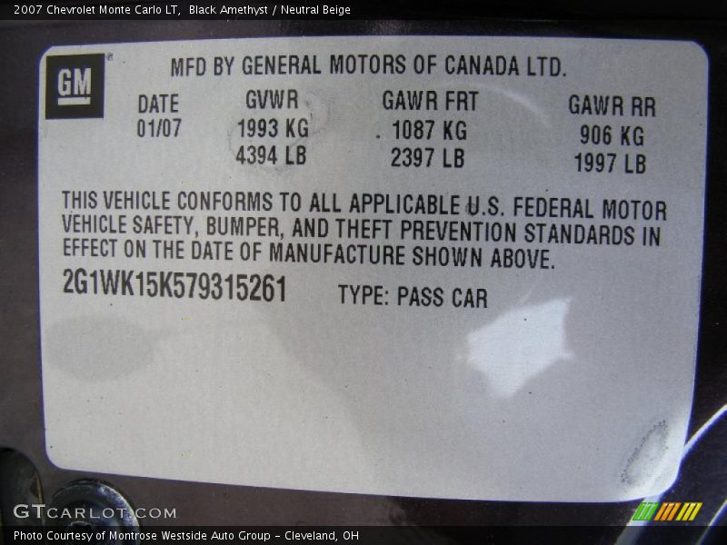 Black Amethyst / Neutral Beige 2007 Chevrolet Monte Carlo LT