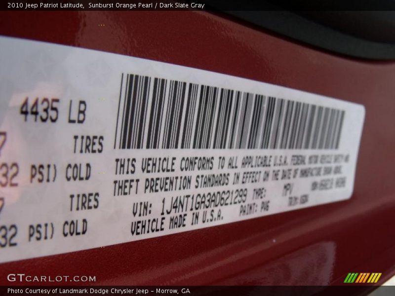 Sunburst Orange Pearl / Dark Slate Gray 2010 Jeep Patriot Latitude