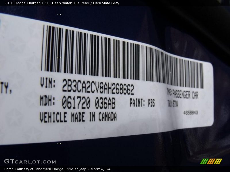Deep Water Blue Pearl / Dark Slate Gray 2010 Dodge Charger 3.5L