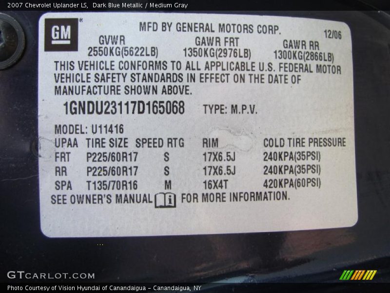 Dark Blue Metallic / Medium Gray 2007 Chevrolet Uplander LS