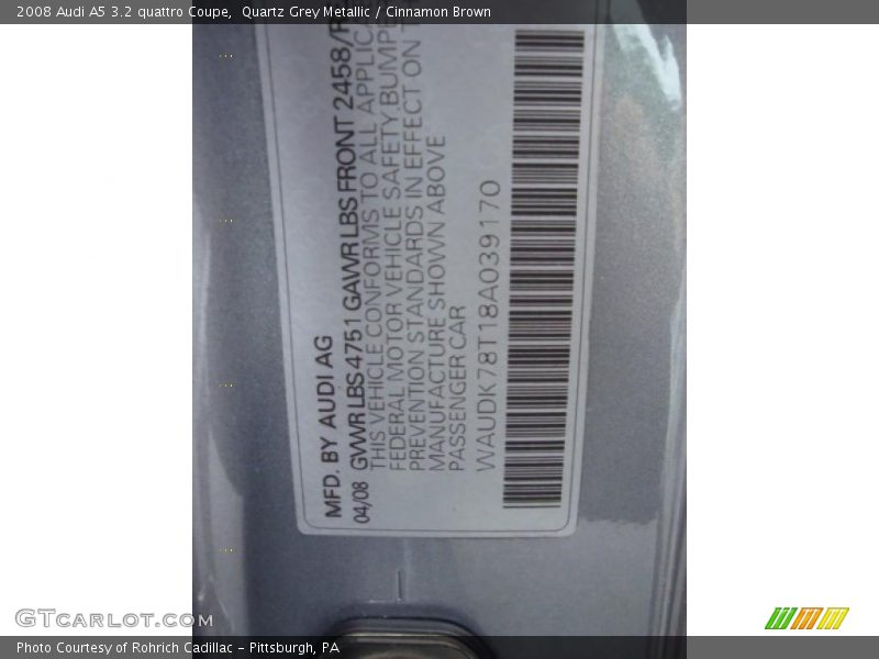 Quartz Grey Metallic / Cinnamon Brown 2008 Audi A5 3.2 quattro Coupe