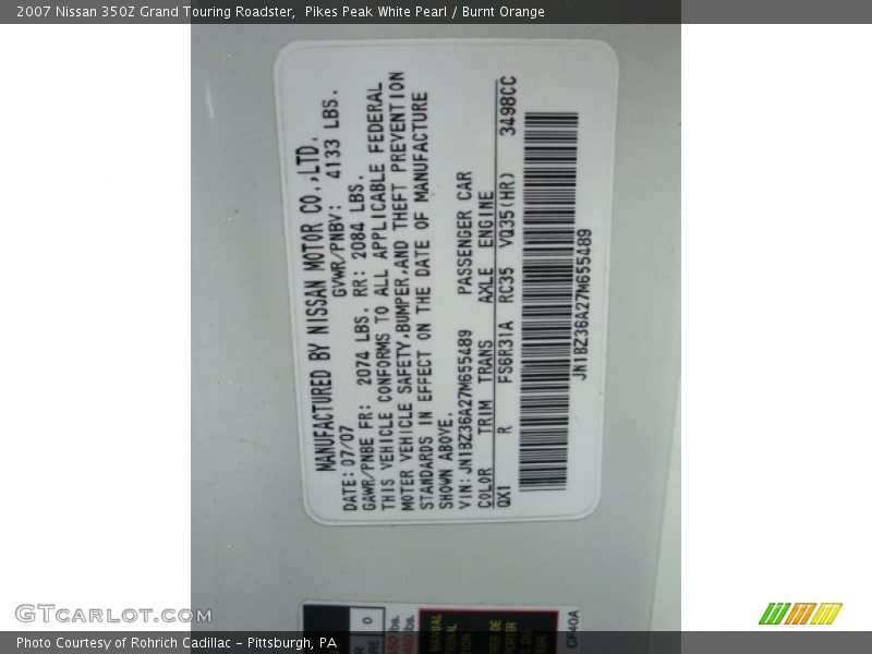 Pikes Peak White Pearl / Burnt Orange 2007 Nissan 350Z Grand Touring Roadster