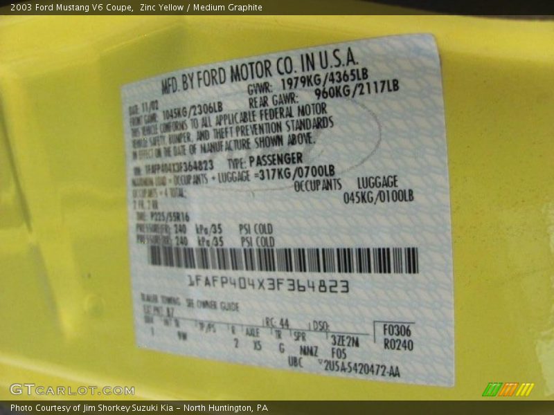 Zinc Yellow / Medium Graphite 2003 Ford Mustang V6 Coupe