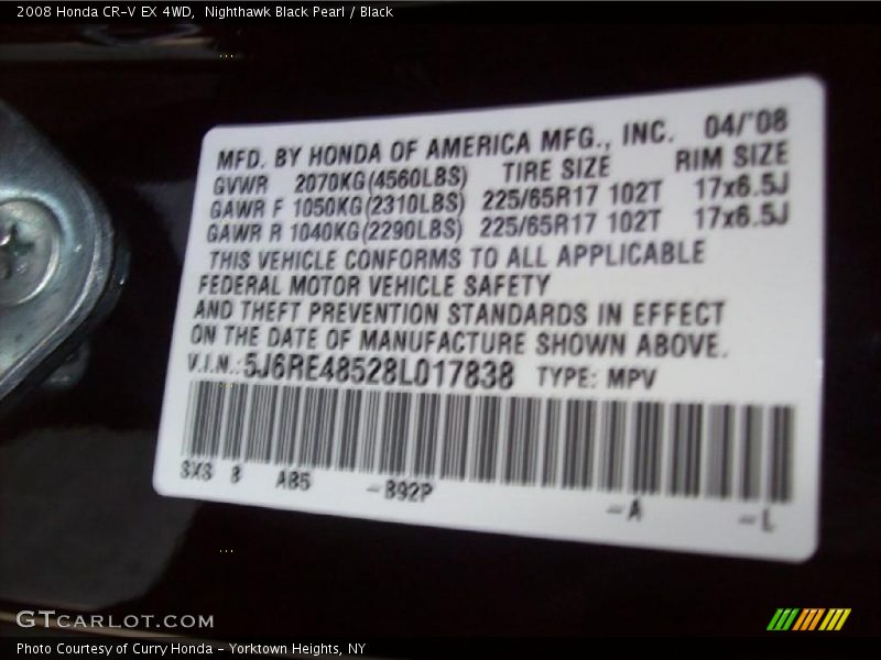 Nighthawk Black Pearl / Black 2008 Honda CR-V EX 4WD
