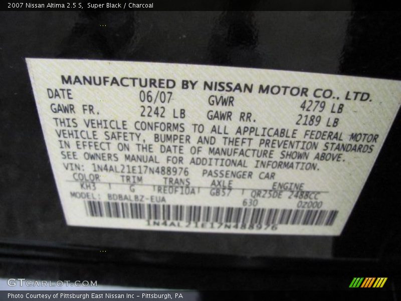 Super Black / Charcoal 2007 Nissan Altima 2.5 S
