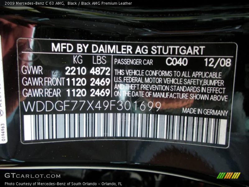 Black / Black AMG Premium Leather 2009 Mercedes-Benz C 63 AMG