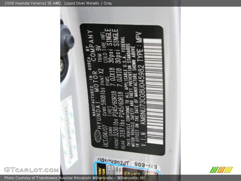 Liquid Silver Metallic / Gray 2008 Hyundai Veracruz SE AWD
