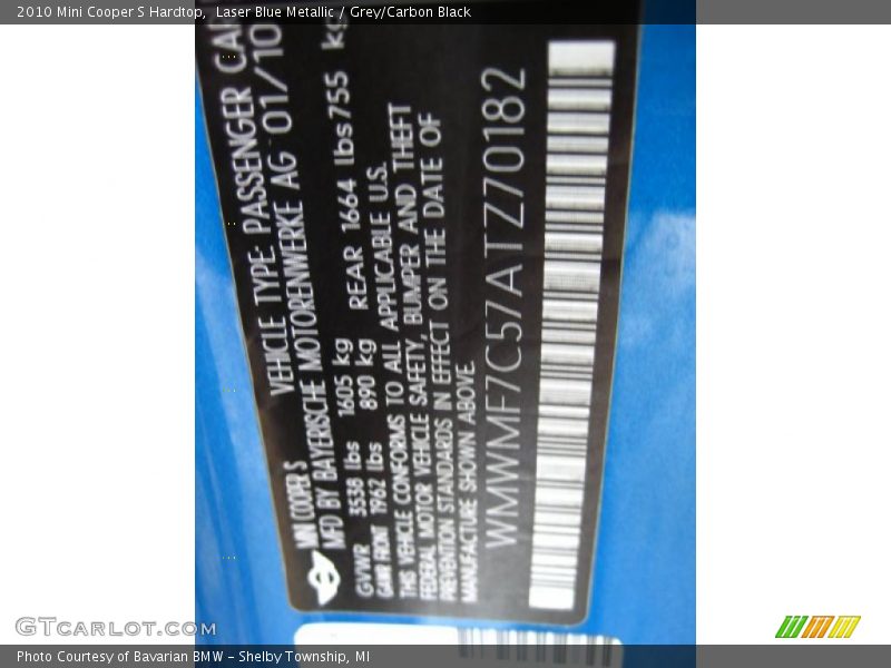 Laser Blue Metallic / Grey/Carbon Black 2010 Mini Cooper S Hardtop