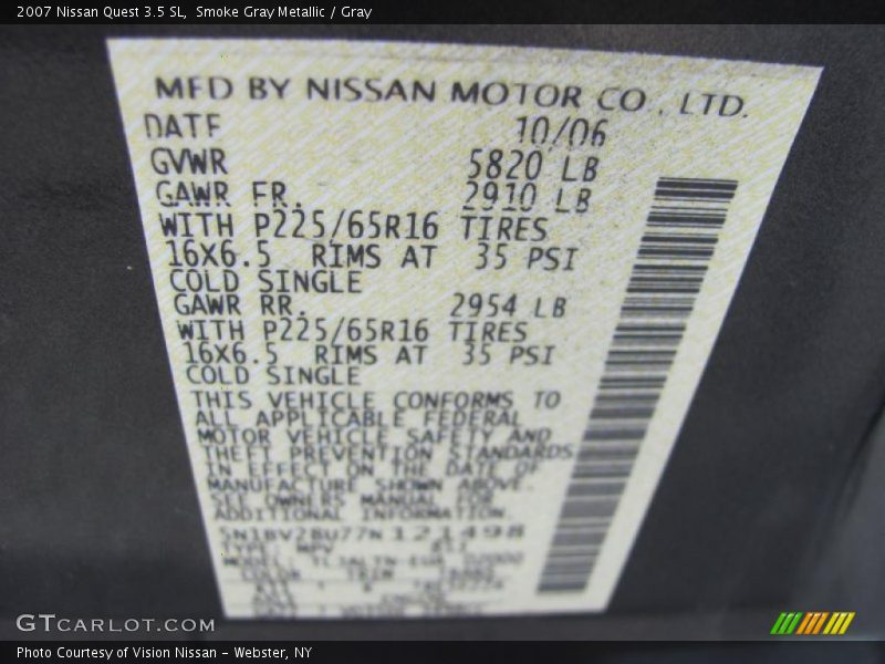 Smoke Gray Metallic / Gray 2007 Nissan Quest 3.5 SL