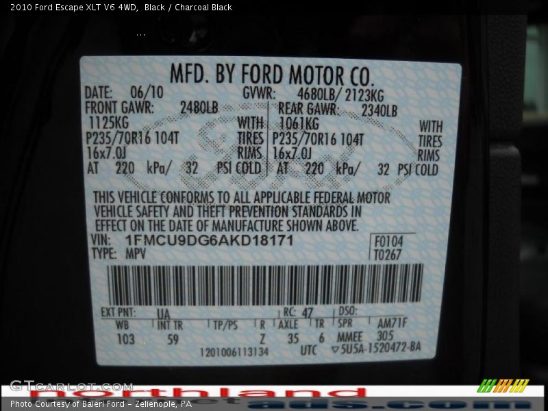 Black / Charcoal Black 2010 Ford Escape XLT V6 4WD