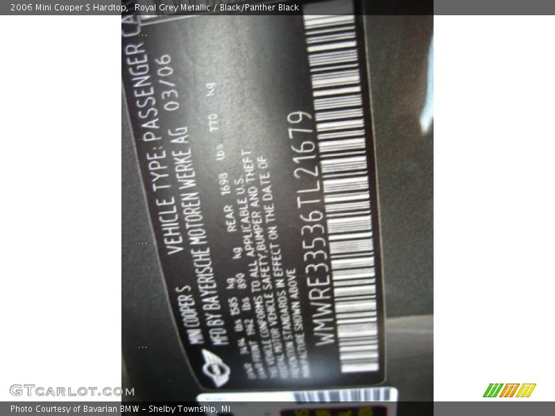 Royal Grey Metallic / Black/Panther Black 2006 Mini Cooper S Hardtop