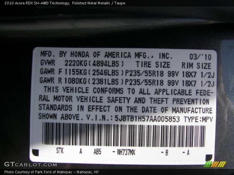 Polished Metal Metallic / Taupe 2010 Acura RDX SH-AWD Technology