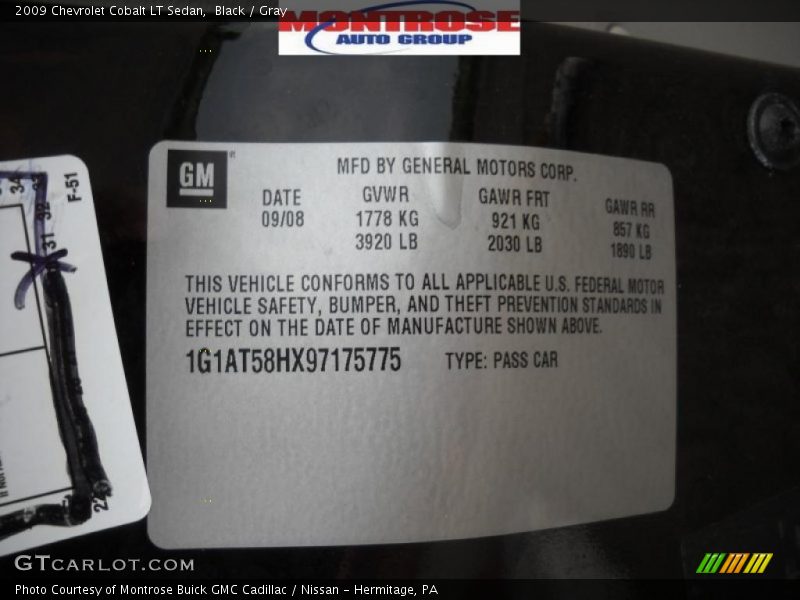 Black / Gray 2009 Chevrolet Cobalt LT Sedan